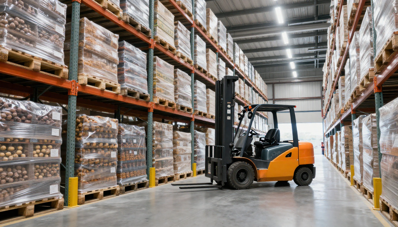 Entrepôt logistique avec chariot élévateur pour la livraison et l'entreposage